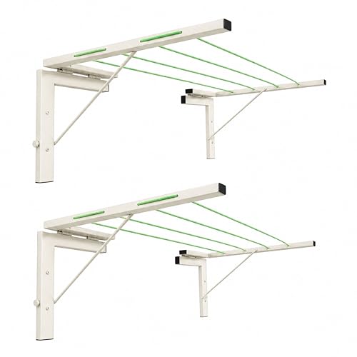 Image of Foldable Wall Mount Cloth Drying Stand | Heavy Load Capacity: Up to150 Kg | Dress Drying Hanger and Rope Metal Pipe | for Indoor, Outdoor and Balcony | (White, Pack of 2)