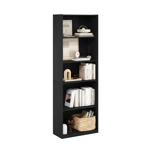 Image of Furinno GEHRY Book Shelf, 5-Tier Bookshelf with Open Shelf, Standing Bookcase with Adjustable Shelves, 11.6 x 24.8 x 71.4, for Living Room, Bedroom, Home Office, Blackwood