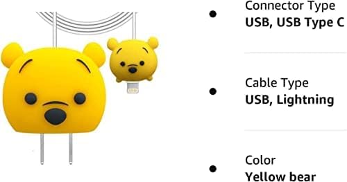 Image of Cartoon 3D Design Protective Case for 18W 20W iPhone 14 13 12 11 Pro Max Fast Charging Cable Adapter Charger, Cute Cartoon Lightning Data Cable Case for iPhone Charger Yellow Bear