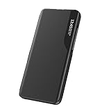 NEINEI Funda para Xiaomi Redmi 10A/Redmi 9C,Smart View PU Cuero Carcasa con Clear Ventana,Despertar Inteligente,Soporte Plegable,Moda Espejo Estuche Movil Case Cover,Negro