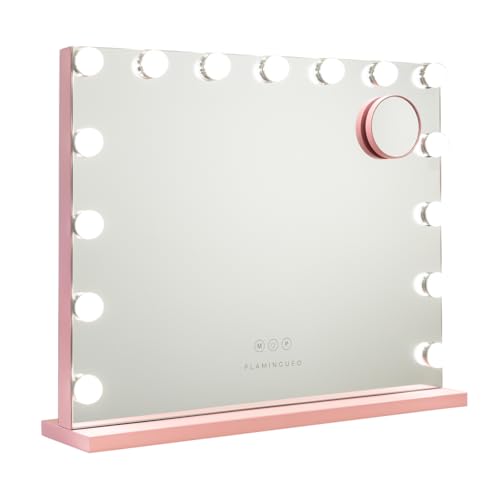 Flamingueo Espejo Maquillaje con Luz - 15 LED - 3 Modos de Luz - Intensidad Ajustable - Control Táctil - Puerto USB - Espejo con Aumento Incluido - Vanity Mirror - Rosa - 58x12x48cm