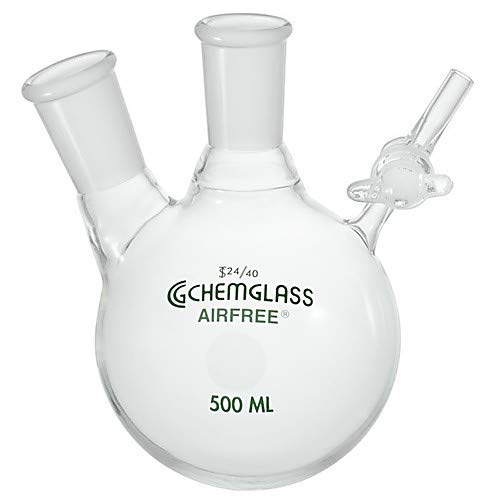 Chemglass AF-0530-20 Series AF-0530 Reaction Flask, Airfree, Schlenk, Valve, 2-Neck, 14/20 Joint Size, 50 mL Capacity