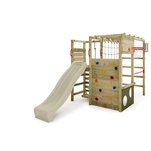 Fatmoose Aire de Jeux Portique d'escalade ActionArena Air XXL avec Toboggan Vert Sauge, extérieur Enfants Tour d'escalade avec échelle, Panier de Basket &...