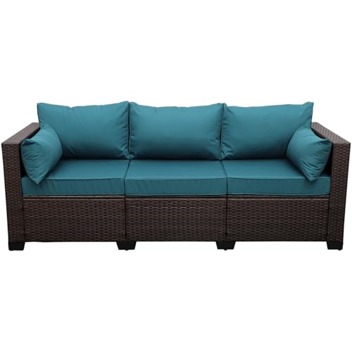 WAROOM Patio Couch PE Wicker 3-Seat Outdoor Brown Rattan Sofa Deep...