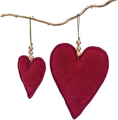 One Holiday Way Juego de 2 adornos de corazón de terciopelo rojo 9 pulgadas y 5 pulgadas con cuentas de madera dorada y lazo para decoración del