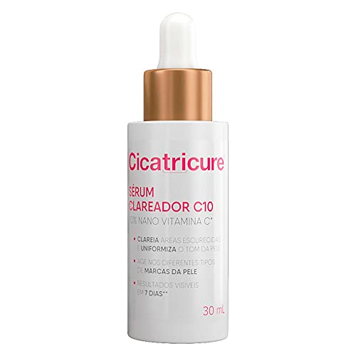 Frasco de vidro branco do Sérum Clareador C10 da Cicatricure com conta-gotas, contendo 30ml de produto e rótulo com informações sobre a fórmula de 10% Nano Vitamina C.