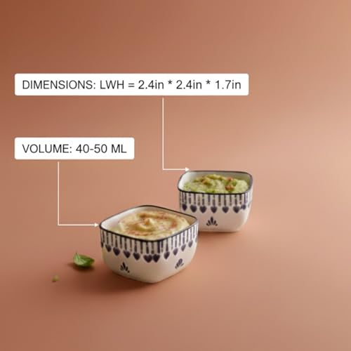 Image of Ceramic Dip Bowl Set of 2, White with Blue Heart Pattern, Square Shape, 40 ML Capacity, Decorative Serving Dishes for Sauces, Condiments and Appetizers