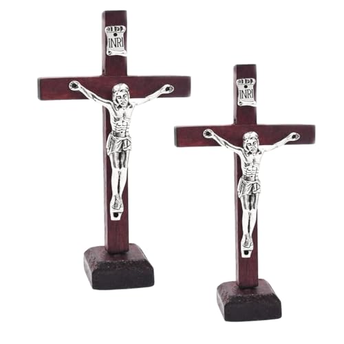 Elzhan 2Pcs Crucifix Wall Cross Wooden Catholic Cross With Stand Religious Christian Standing Cross Church Home Ornaments For Prayers Wall Accents