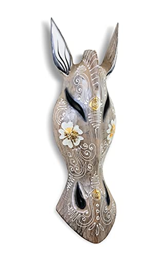 G6 Collection Wooden Tribal African Giraffe Mask Hand Carved Wall Plaque Hanging Home Decor Accent Art Unique Sculpture Decoration Handmade Handcrafted Decorative Cream Flower Motif (12" Tall) #TOP1