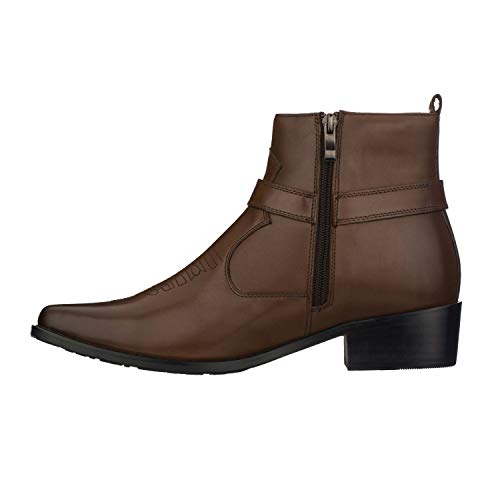 CALTO Men's Invisible Height Increasing Elevator Shoes - Dark Brown Premium Leather Cowboy Zipper Boots - 3.3 Inches Taller - T8113 - Size 9 D(M) US3