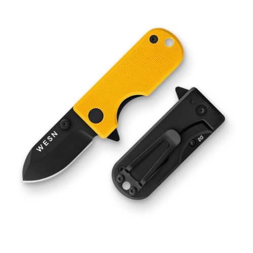 Image of WESN Microblade Premium Folding Pocket Knife - 1.5 inch D2 Steel Blade, Compact EDC Knife with G10 Handle, Manual Thumb Stud, Deep Carry Clip - Lightweight Everyday Carry (Titanium) (Blacked Out Mustard G10 X Titanium)
