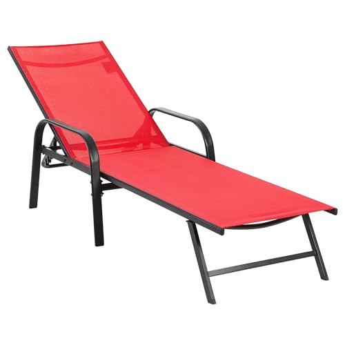 NEWBULIG Outdoor Lounge Chair for Pool, Chaise Lounge Chairs with 5-Position Recliner,350 lbs Heavy Duty Patio Pool Chair, Outdoor Sun Chairs with Metal Frame for Backyard, Classic Red