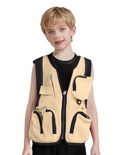 LiiYii - LiiYii Gilet De Pêche Multipoches Pour Garçons Et Filles Gilet De Pêche Randonnée Et Camping Veste Debardeur De Sport De Combat Veste Kaki 12-16 ans