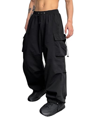 ZAFUL Flat Pocket Parachute Pants for Men Causal Baggy Cargo Pants Unisex Street Y2K Pants Drawstring Trousers Black L