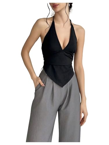 SweatyRocks Women's Asymmetrical Tops Ruched V Neck Tie...