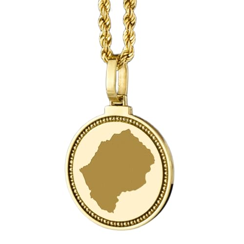 WORLD WIDE GEMS Pendentif rond en argent sterling 925, gravé d'une carte du Lesotho (25 mm), plaqué or, bijou de voyage unisexe | WW_EGMP_0063