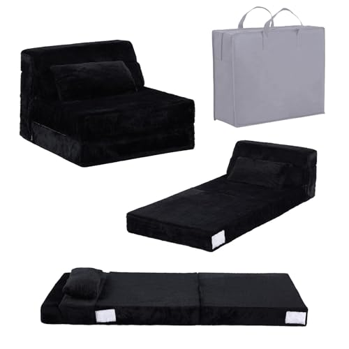 Image of Tiita Convertible Folding Kids Sofa Bed with Pillow & Storage Bag, Plush Fabric Floor Mattress Couch Bed, Washable Cover, Kids Room, Playroom, Dorm, Apartment, Black