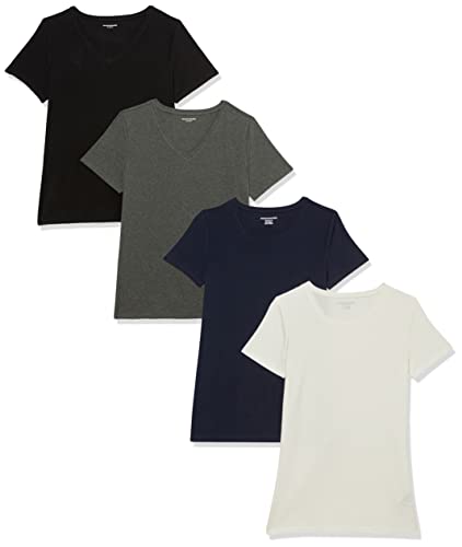 Amazon Essentials Women's Regular-Fit Short-Sleeve T-Shirt (Crewneck and V-Neck Options), Pack of 4, Black/Charcoal Heather/Navy/White, Medium