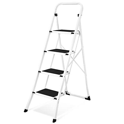 Soctone Step Ladder 4 Step Folding with Anti-Slip Pedal, Lightweight 4 Step Ladder with Handrails, 330 lbs Capacity Perfect for Kitchen & Household, White