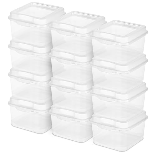 Sterilite 12-Pack FlipTop Stackable Square Small Storage Bin with Hinging Lid, Clear