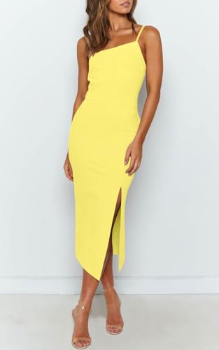 Image of OWIN Women's Adjustable Spaghetti Straps Sleeveless High Waist Split Midi Bodycon Cocktail Party Dress