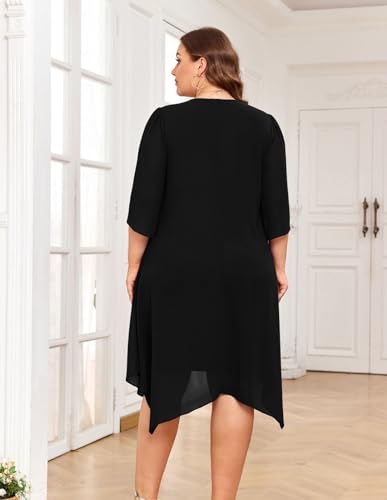 Hanna Nikole Plus Size Chiffon Dress 3/4 Sleeve Flowy Cocktail Party Midi Dresses3