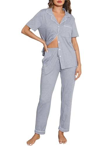 Lovasy Pijama Botones Mujer Verano Pijama Mujer Manga Corto Conjunto de Pijama con Bolsillos,Gris Claro,L