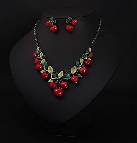 coadipress 3D Red Cherry Earring Necklace Set For Women Cute Fruit Cherry Stud Earrings Dripping oil Red Cherry Earring Cherry Pendant Necklace Christmas Party Wedding Gift - Image 3