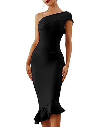 UONBOX Women's One Shoulder Sleeveless Bodycon Dress Midi Mermaid Party Bandage Dress2