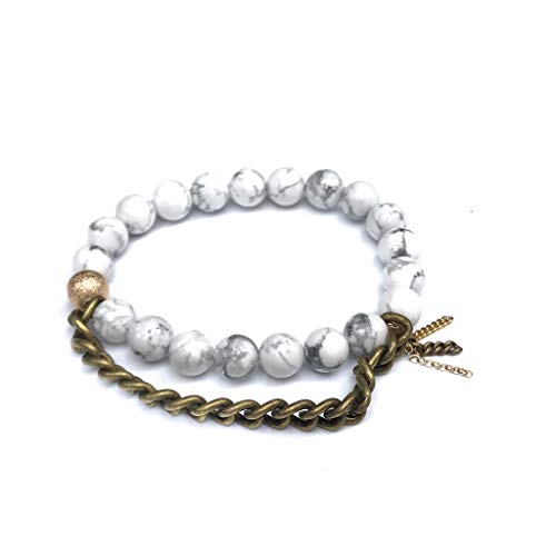 Juneau Luxe Women's White Howlite Bracelet. 8mm Natural Semi Precious Gemstone Beaded Stretch Bracelets. Brass & Gold Filled Chain Detail. Handmade Healing Crystals Chakra Energy Bangle