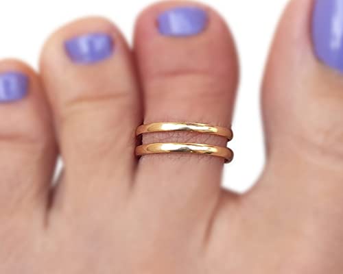 14K Yellow Gold Plated Over 925 Sterling Silver Double Band Toe Ring/Knuckle Ring - Small, Adjustable, Dainty Two Lines, Handmade By Miya Jewelry Creation #TOP1