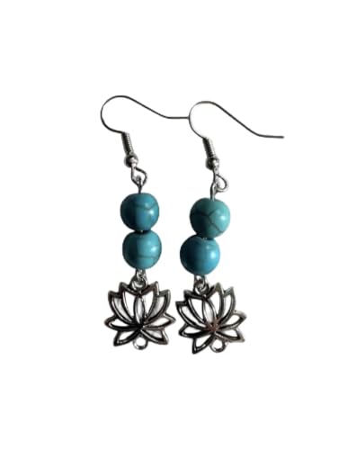 Turquoise Howlite Stone Bead Dangle Earring with Silver Lotus Charm,