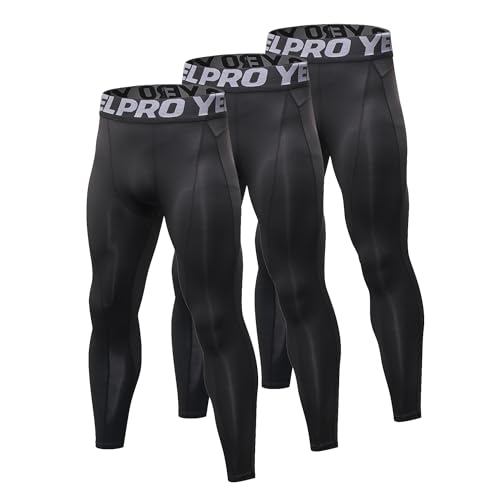 Yuerlian 3 Pack Black Mens Running Leggings Compression Athletic Breathable Base Layer Pants Gym Workout Trousers Sport Fitness Training Jogging Sparring Tights