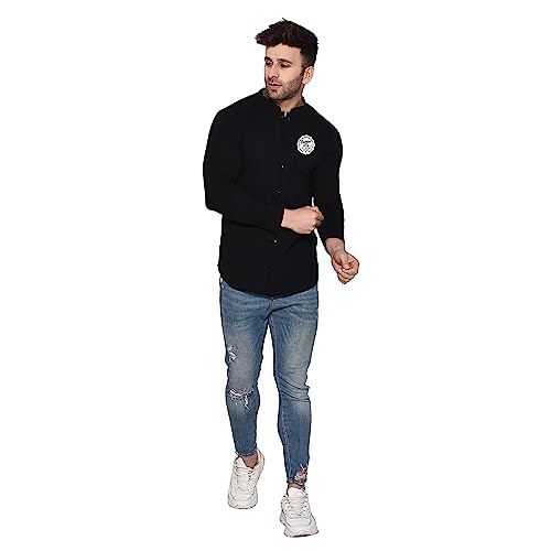 Image of Geum Men's Mandarin Collar Shirt | Slim Fit Full Sleeve Casual Shirt with Printed Chest Logo | Soft Cotton Blend Stylish Button Down for Party, Office