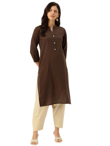 Image of feranoid Women's Plain Cotton Kurta with Mandarin Collar, 3 /4 Sleeves & Pocket