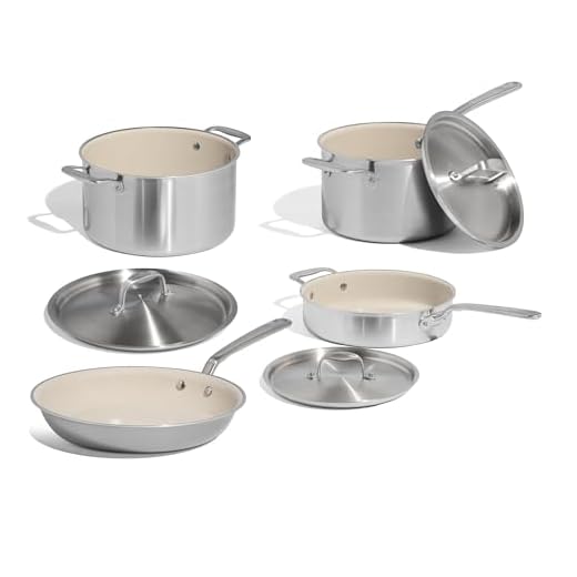 Made In Cookware - 7-Piece CeramiClad Non Stick Pot and Pan Set (Stainless Handle) - 5-Ply Stainless Clad - Professional Cookware - Crafted in Italy - Induction Compatible