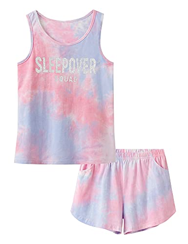 Beezizac Girls Sleepover Matching Tank Top & Shorts Tie Dye Pajamas Set Tween PJS Size 10