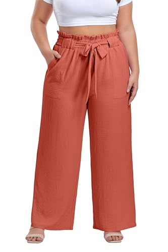Image of OLRIK Women's Plus Size Pants Adjustable High Waisted Wide Leg Palazzo Pants Casual Trousers with Pockets Spring Clothes