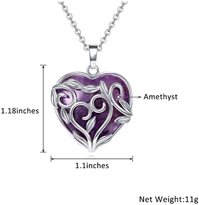 JOVIVI Natural Amethyst Crystal Stone Heart Pendant Necklace Reiki Healing Silver Flower Wrapped Gemstone Purple Amethyst Jewellery Women Gifts