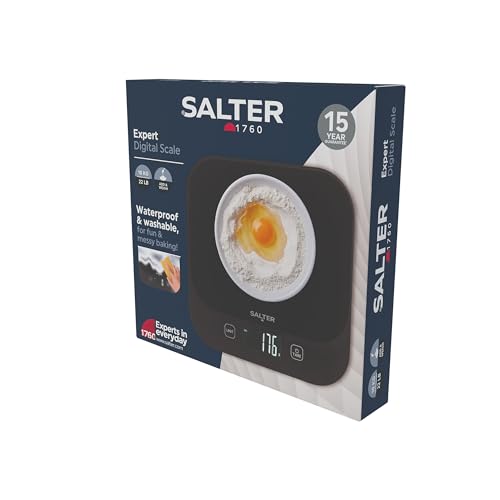 Salter Expert Digital Kitchen Scale - 10kg Capacity, Waterproof & Washable Platform, Add & Weigh Multiple Ingredients, Aquatronic For Measuring Liquids, Easy Read LCD Display, Includes Battery