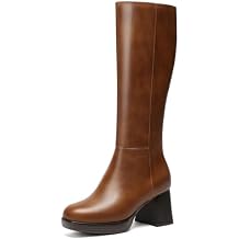 Wide Calf Knee High Boots for Women, Square Toe Block Heel Tall PU Leather Fashion Boots