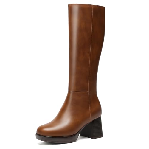 DOBOLIN Women Brown Knee High Boots Square Toe Platform Wide Calf Boots with Chunky Heel, Tall PU Leather Fashion Booties, US Size 6.5