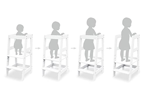 Foto von PINOLINO Fino Lernturm - Höhenverstellbarer Kinderhocker ab 1 Jahr – Kinder Tritthocker aus massiver Buche - Kindertritt, Kleinkindturm, Learning Tower Montessori-inspiriert, Weiß lackiert