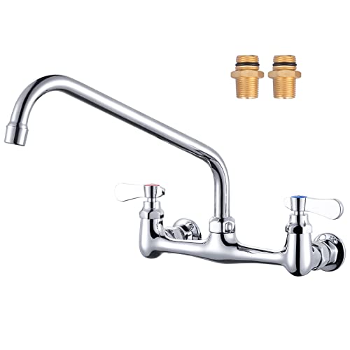 Commercial Sink Faucet with 12” Swivel Spout, 8" Center Wall Mount Kitchen Faucet, Dual Handles Brass Utility Sink Faucet for Laundry Room Restaurant Compartment Sink, Polish Chrome 12" Swiv