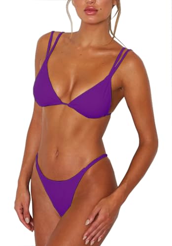 Image of Women's Sexy Thong Bottom Two Piece Bikini Double Shoulder Straps Cute Swimsuit Triangle Bathing Suit