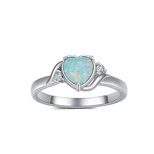 Shusukue Heart Shape Created Opal Ring 925 Sterling Silver October Birthstone Ring Engagement Promise Band Ring Birthday Anniversary Mother's Day Jewelry Gifts For Women Girls Size 7 #TOP7