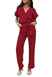 PRETTYGARDEN Women's One Piece Jumpsuits Dressy Casual Summer Short Sleeve Wrap V Neck Belted Wide Leg Pants Romper (Wine Red,X-Large)