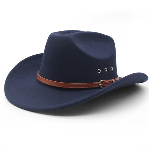 LIDHAY Cowboy Hat for Women and Men Felt Wide Brim Classic Outdoor Fedora Hats Western Cowboy Cowgirl Hats with Belt Buckle 3 Navy Blue
