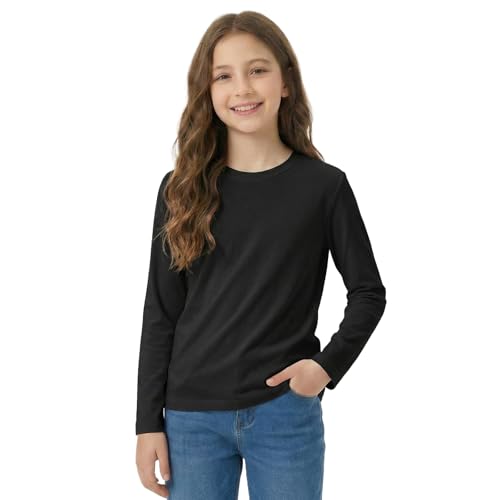 Ewbob Girls Long Sleeve Shirts for Girls Clothes Kids Cotton T Shirts Kids Clothes Children Long-Sleeved Tee Crewneck Tops C21-1 Black 7-8 Years