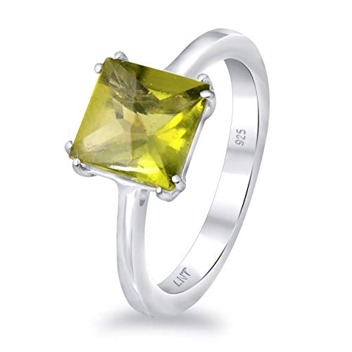Orchid Jewelry 925 Sterling Silver Green Peridot Solitaire Ring For Women - 2.3 Ctw Square Cut, Gemstone Birthstone